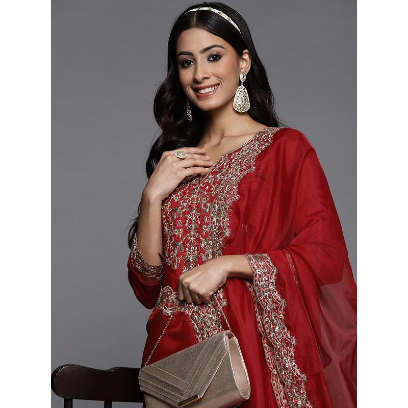 Indo Era Women Red Ethnic Motifs Embroidered Sequinned Liva Kurta with Trousers & Dupatta
