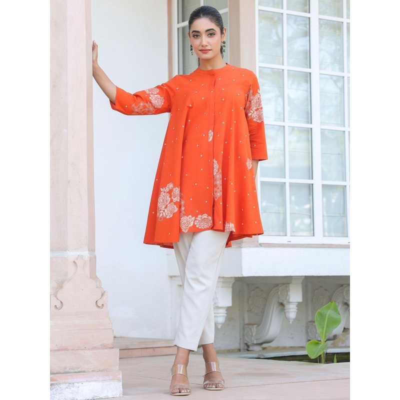 Janasya Women’s Orange Pure Cotton Floral Printed Flared Tunic