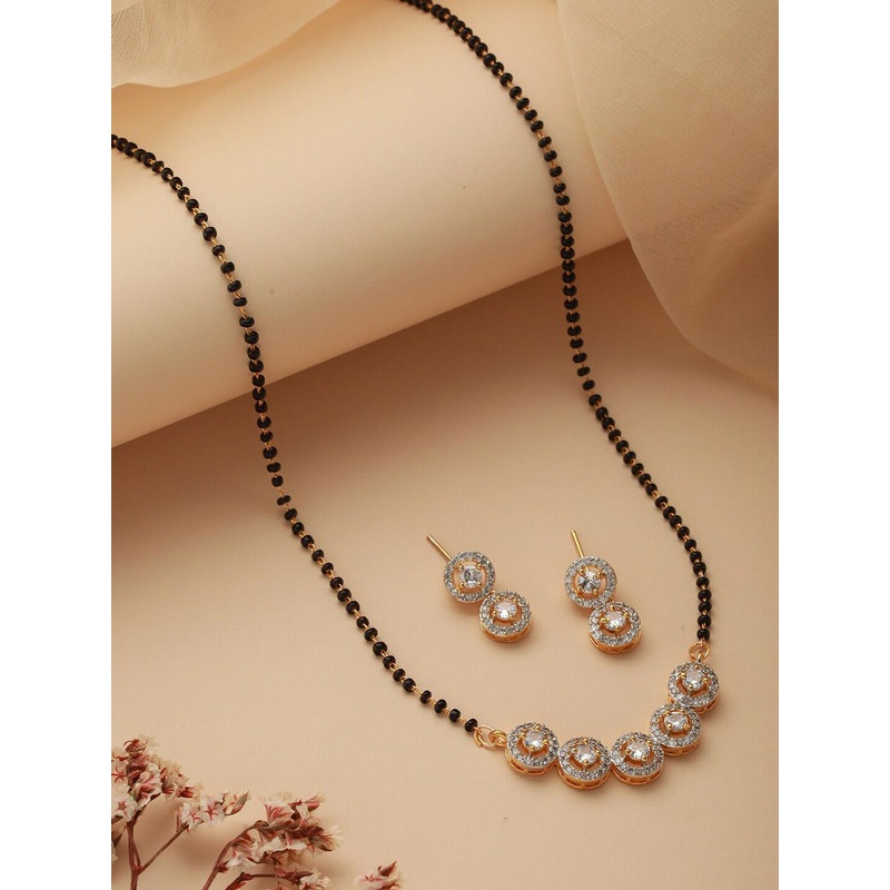 Jazz and Sizzle Gold-Plated Stone-Studded Beaded Mangalsutra With Earrings