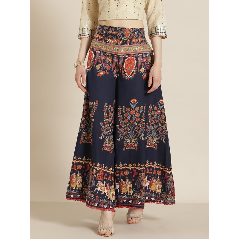 Juniper Women Navy Blue & Orange Ethnic Motifs Printed Flared Palazzos with Scrunchie