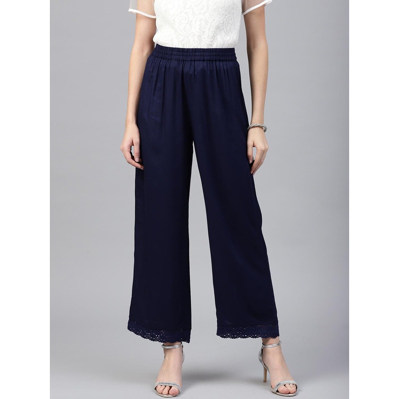 Juniper Women Navy Blue Solid Wide Leg Palazzos