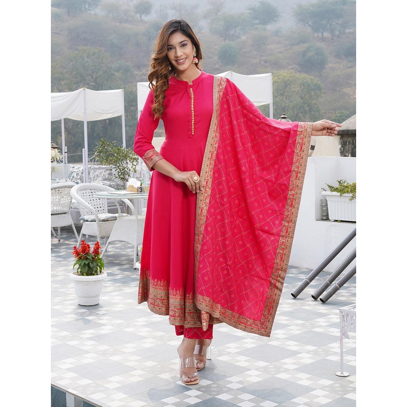 KALINI Mandarin Collar Floral Printed Kurta with Trousers & With Dupatta