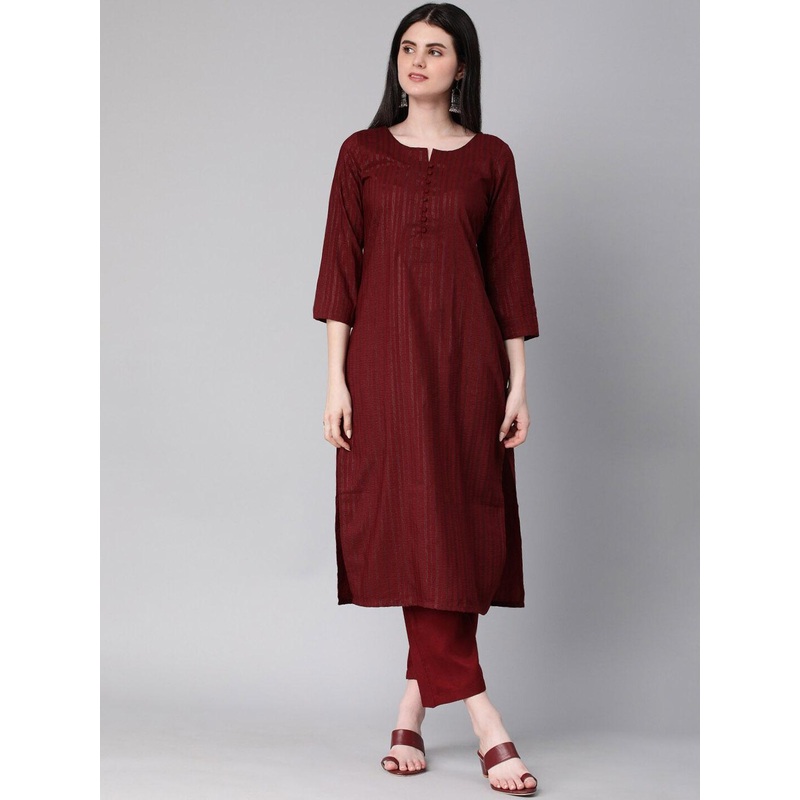 KALINI Striped Round Neck Three-Quarter Sleeves Thread Work Kurta with Trousers