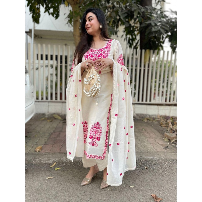 KALINI Women Floral Embroidered Regular Thread Work Kurta with Trousers & Dupatta