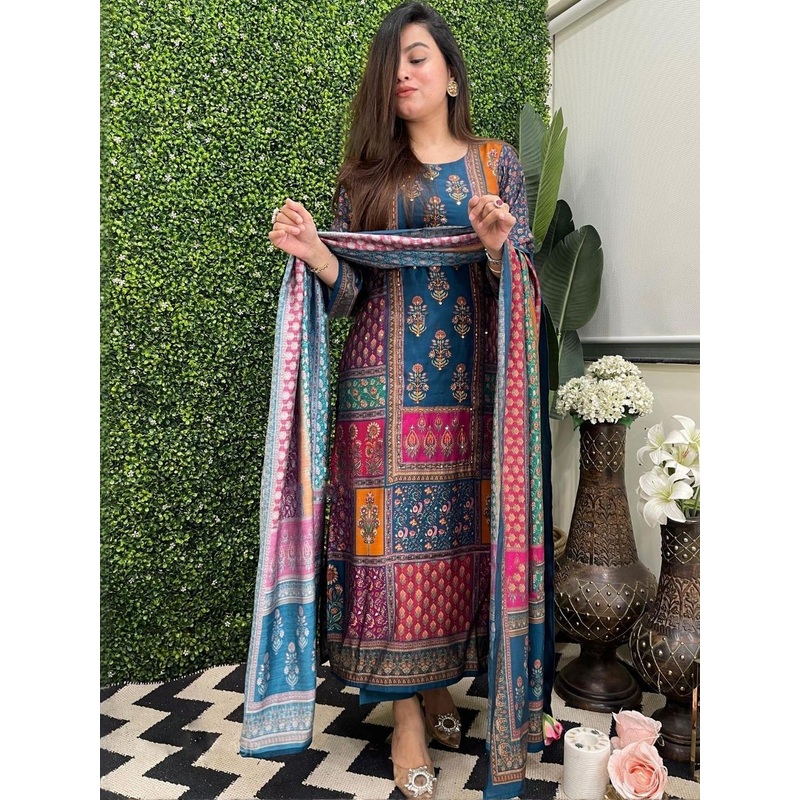 KALINI Women Multi Rayon Blend Printed Straight Kurta Set With Dupatta