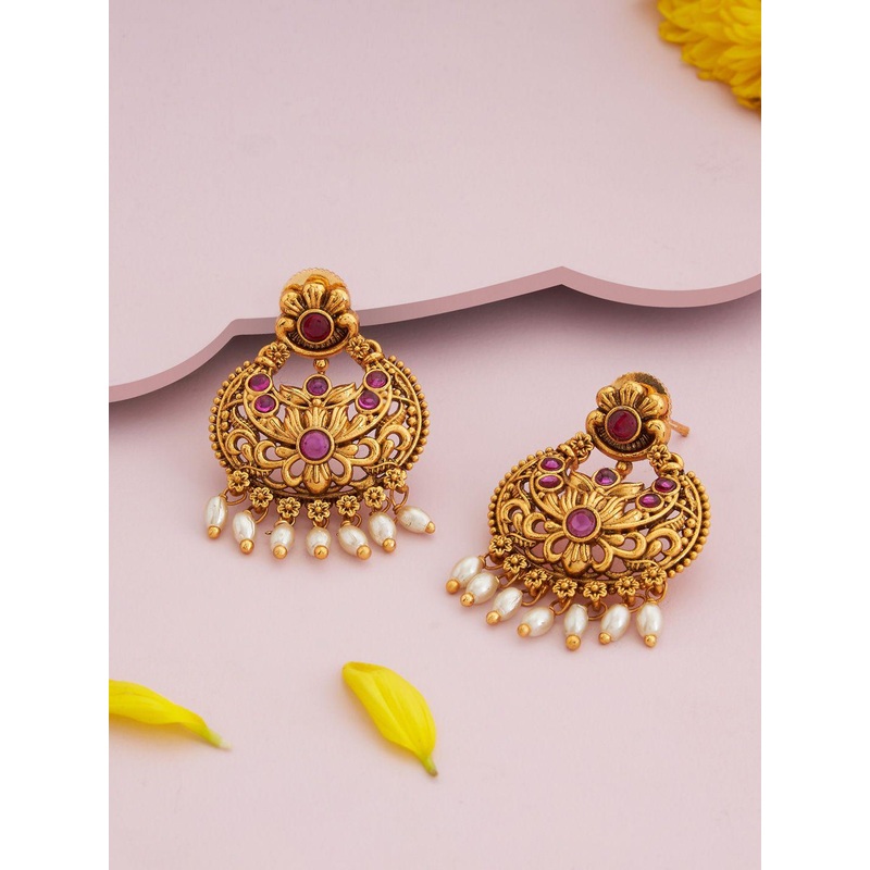 Kushal’s Fashion Jewellery Gold-Plated Crescent Shaped Ruby Antique Chandbalis Earrings