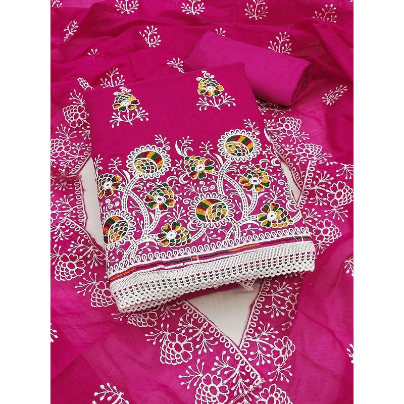 Leeza Store Floral Embroidered Thread Work Unstitched Dress Material