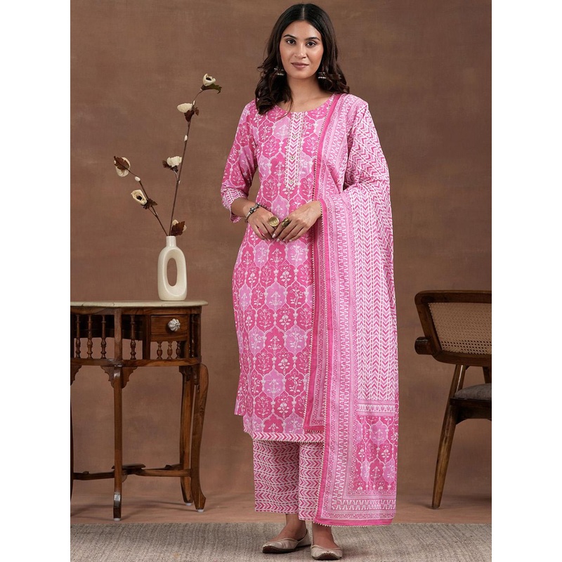 Libas Floral Printed Gotta Patti Straight Kurta With Trousers And Dupatta