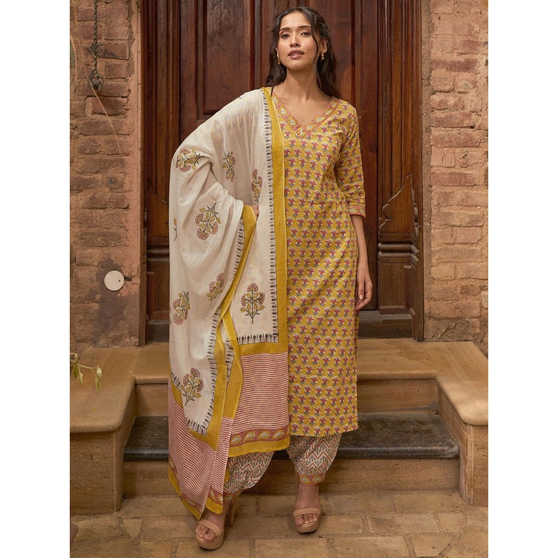 Libas Floral Printed V-Neck Straight Kurta With Salwar And Dupatta