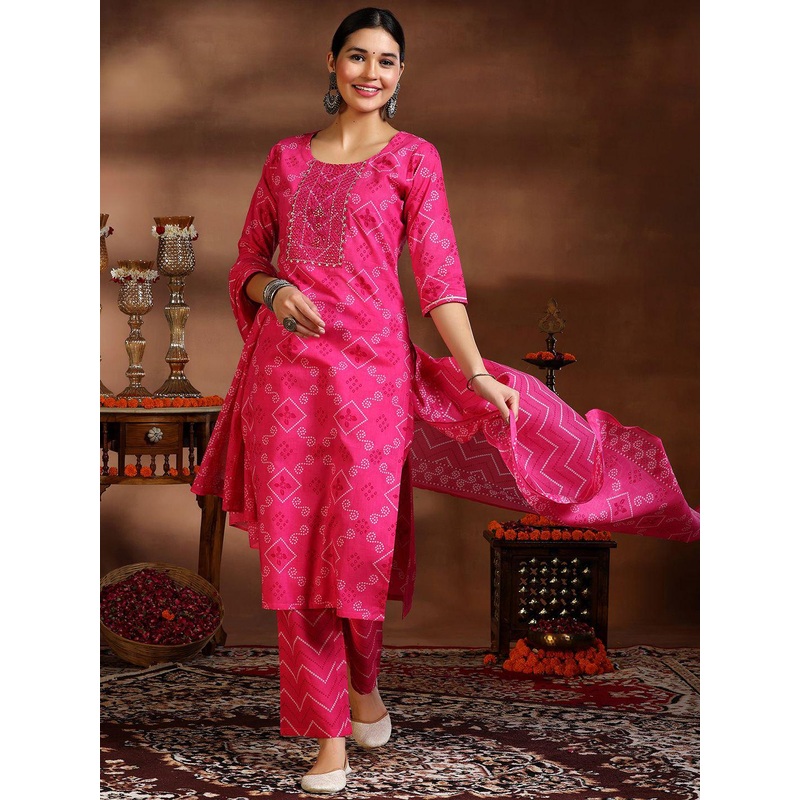 Libas Women Bandhani Dyed Round Neck Kurta with Trousers & Dupatta