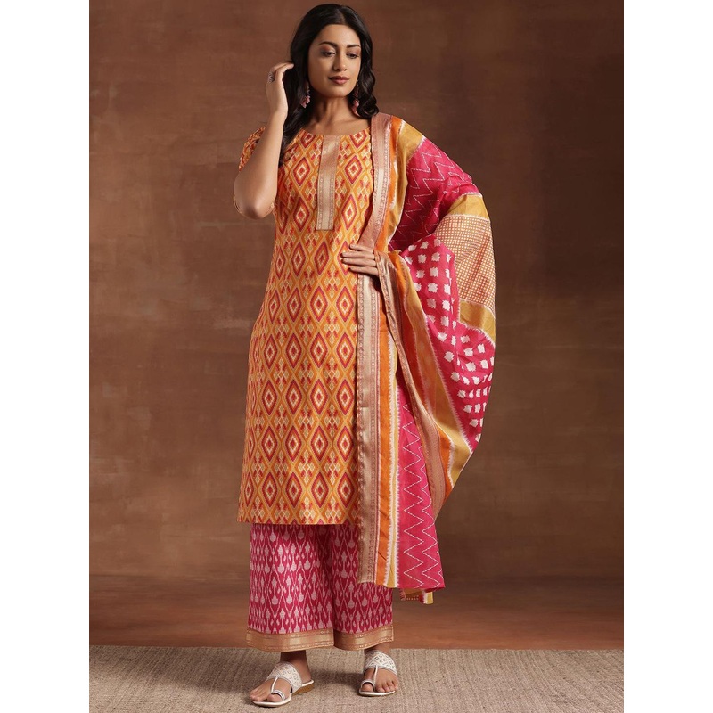 Libas Women Geometric Printed Straight Kurta with Palazzos & With Dupatta