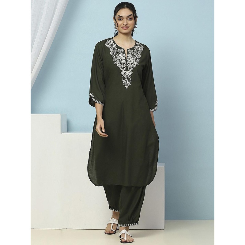 Nayam By Lakshita Floral Embroidered Thread Work Pure Cotton Straight Kurta with Salwar