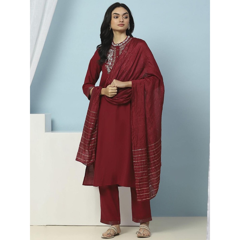 Nayam By Lakshita Paisley Embroidered Staight Kurta with Trousers & Dupatta