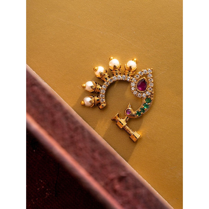 PANASH Gold-Plated American Diamond Studded & Beaded Ring Nosepin