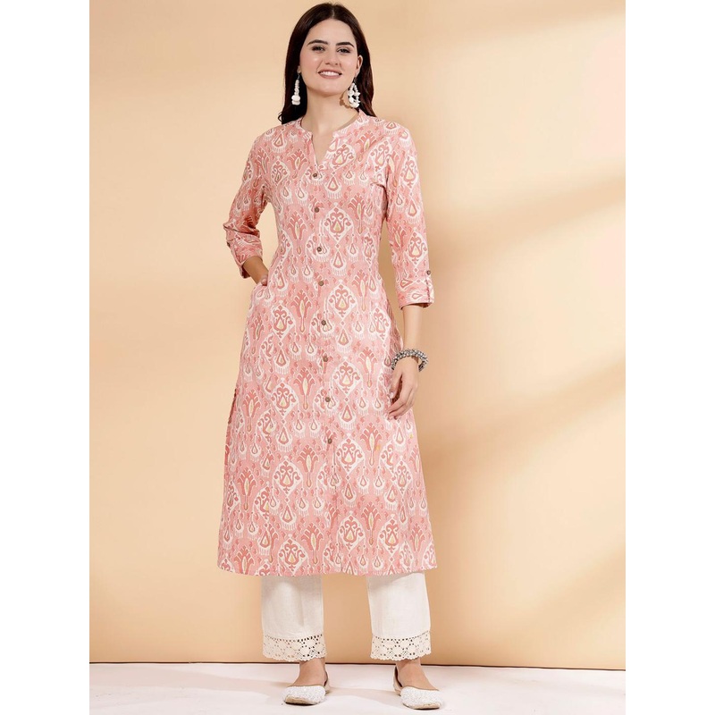 Pistaa Floral Printed Mandarin Collar A-Line Cotton Kurta