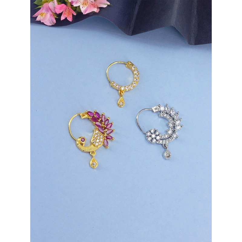 PRIVIU Set Of 3 Gold-Plated American Diamond Studded Ring Nosepin