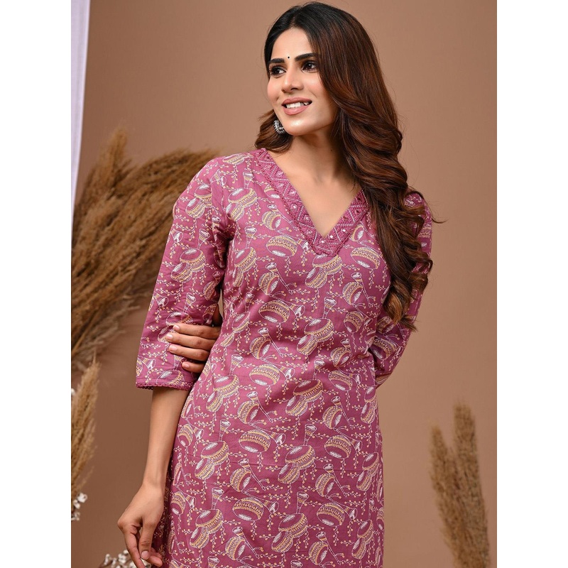 Rimeline Ethnic Motifs Printed Pure Cotton Straight Kurta
