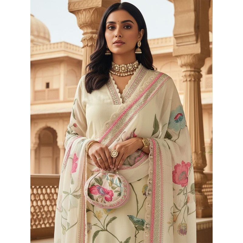 Royal Export Floral Printed Organza Kurta With Trousers & Dupatta