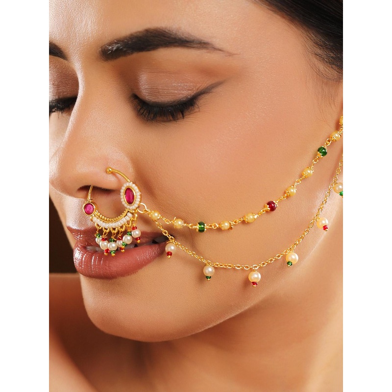 Rubans 18K Gold-Plated Ruby Kundan Studded Multi-Colour Pearl Bead Triple-Layer Chain Nath