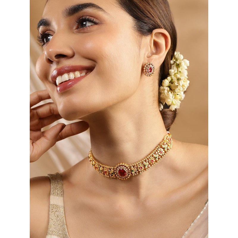 Rubans 24K Gold Plated Ruby,Emerald & White Cubic Zirconia Stone Floral Choker Jewelry Set