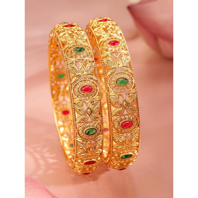 Rubans Set of 2 18K Gold-Plated Ruby Red & Emerald Green Stone Studded Floral Bangles