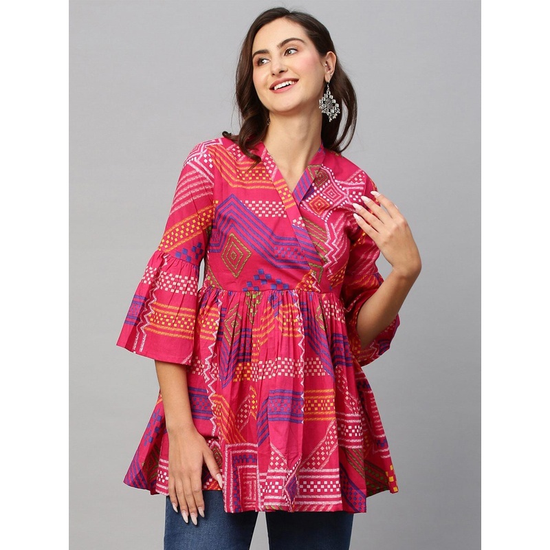 Sangria Bandhani Printed V-Neck Pure Cotton Angrakha Anarkali Short Kurti