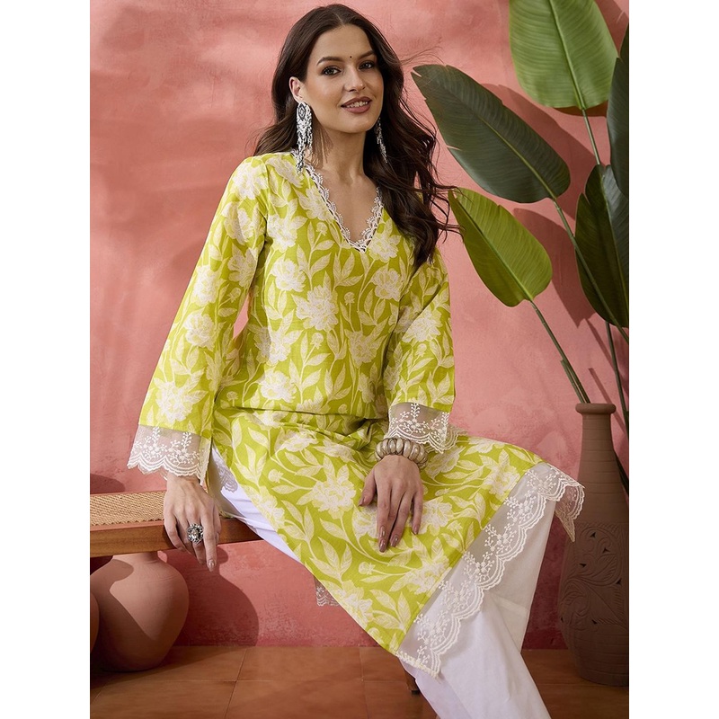 Sangria Black Floral Printed V-Neck Thread Work Pure Cotton Straight Kurta