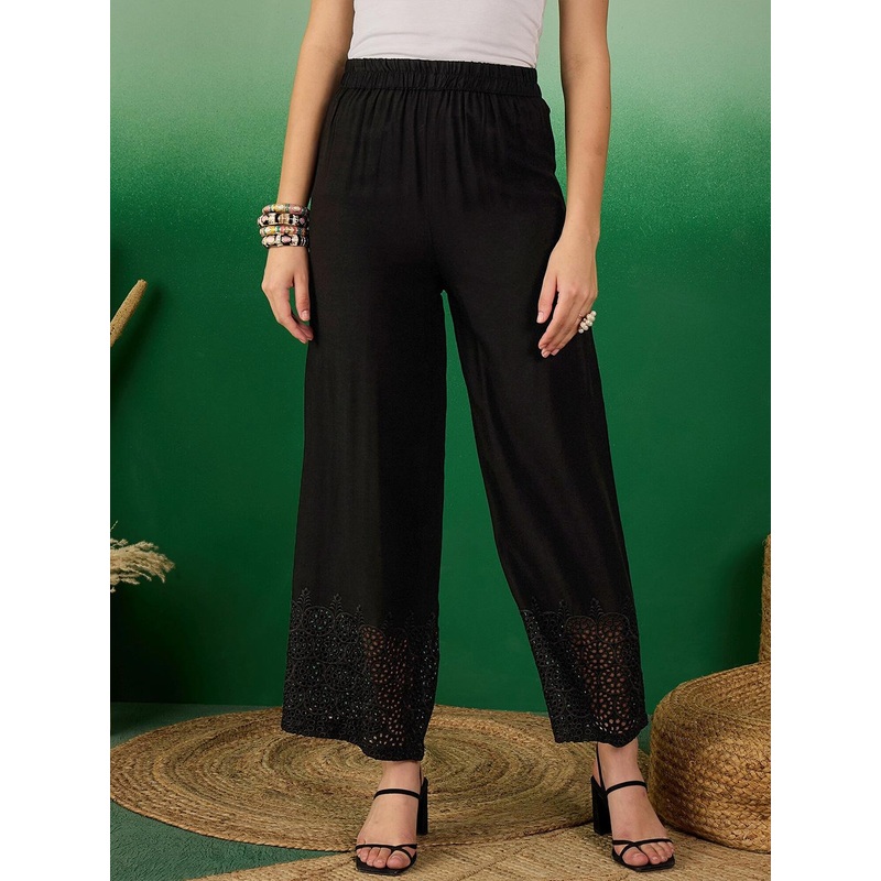 Sangria Black Floral Schiffli Embroidered Slip-On Palazzos With Pocket