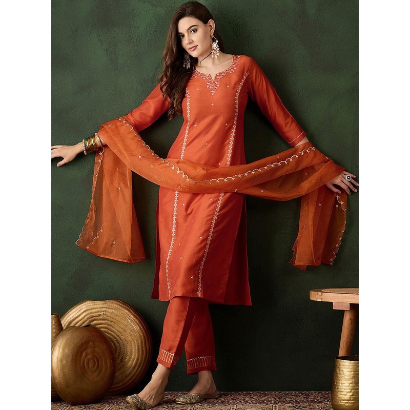 Sangria Floral Embroidered Sequinned Straight Kurta & Trouser With Dupatta