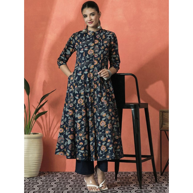 Sangria Floral Printed Mandarin Collar Panelled Pure Cotton A-Line Kurta