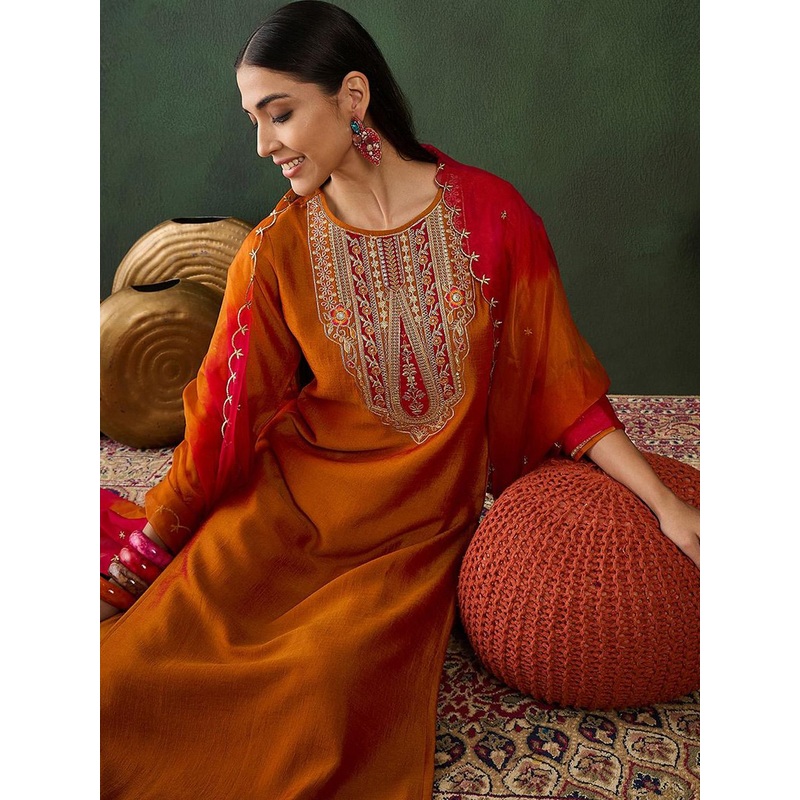 Sangria Floral Yoke Design Regular Sequinned Kurta With Trousers & Dupatta