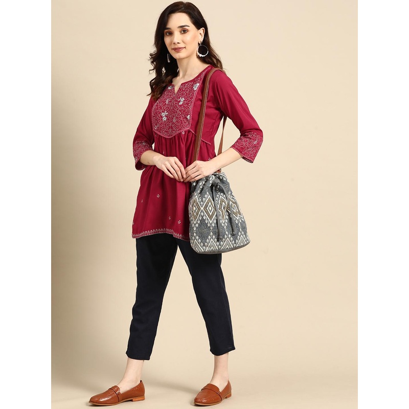 Sangria Maroon Embroidered Longline Top