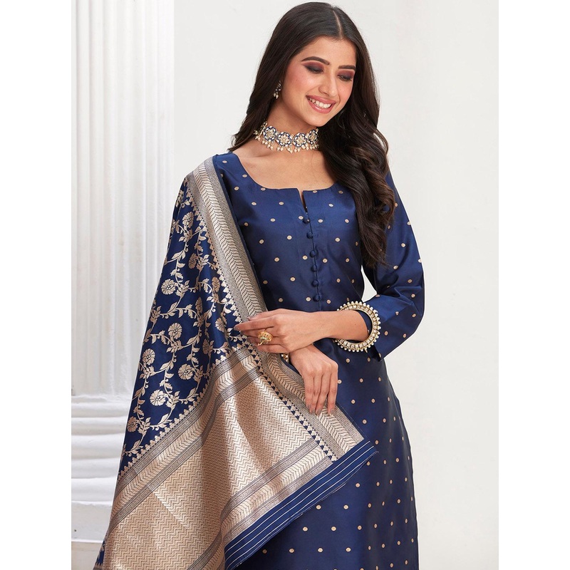 Sangria Navy Blue Ethnic Motifs Woven Design Straight Kurta With Trousers & Dupatta