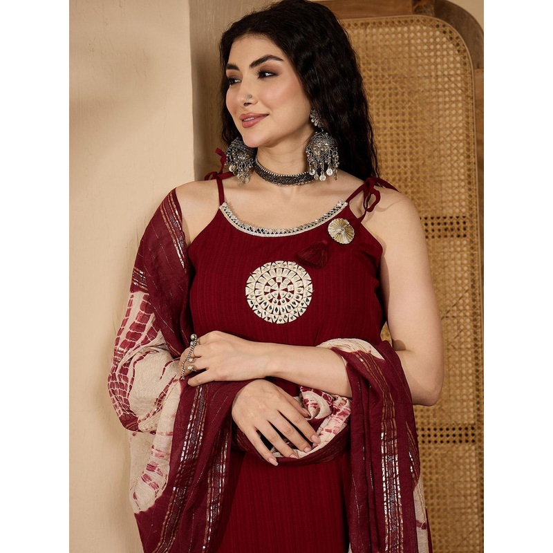 Sangria Women Embroidered A-Line Kurta with Trousers & Dupatta Set