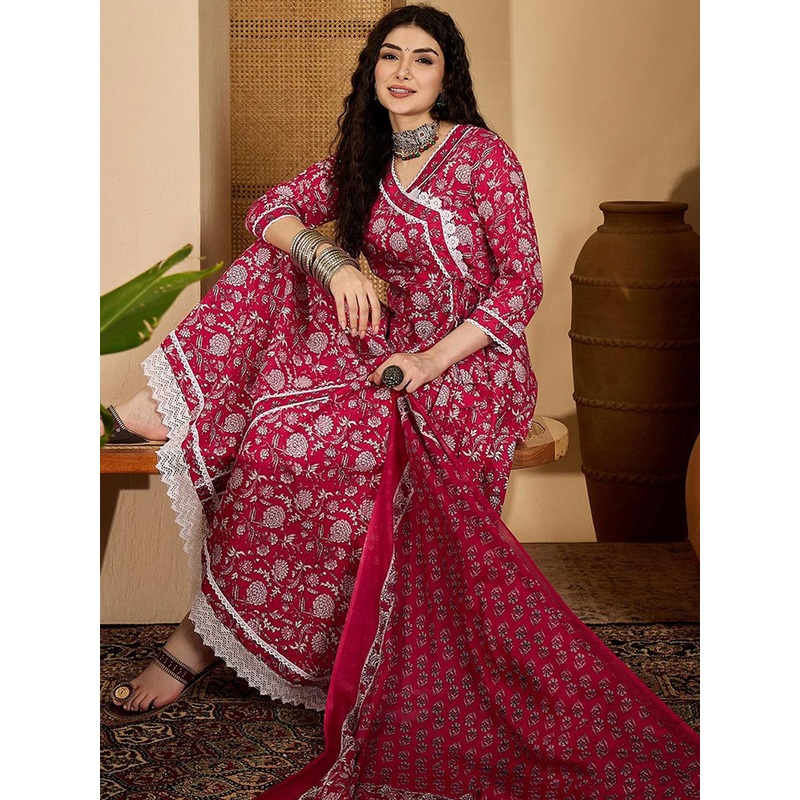 Sangria Women Floral printed Pure Cotton A-Line kurta With Trousers & Dupatta