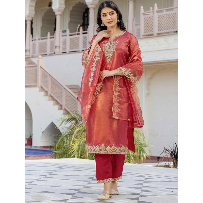 SANISA Women Ethnic Motifs Embroidered Regular Sequinned Kurta with Trousers & With Dupatta