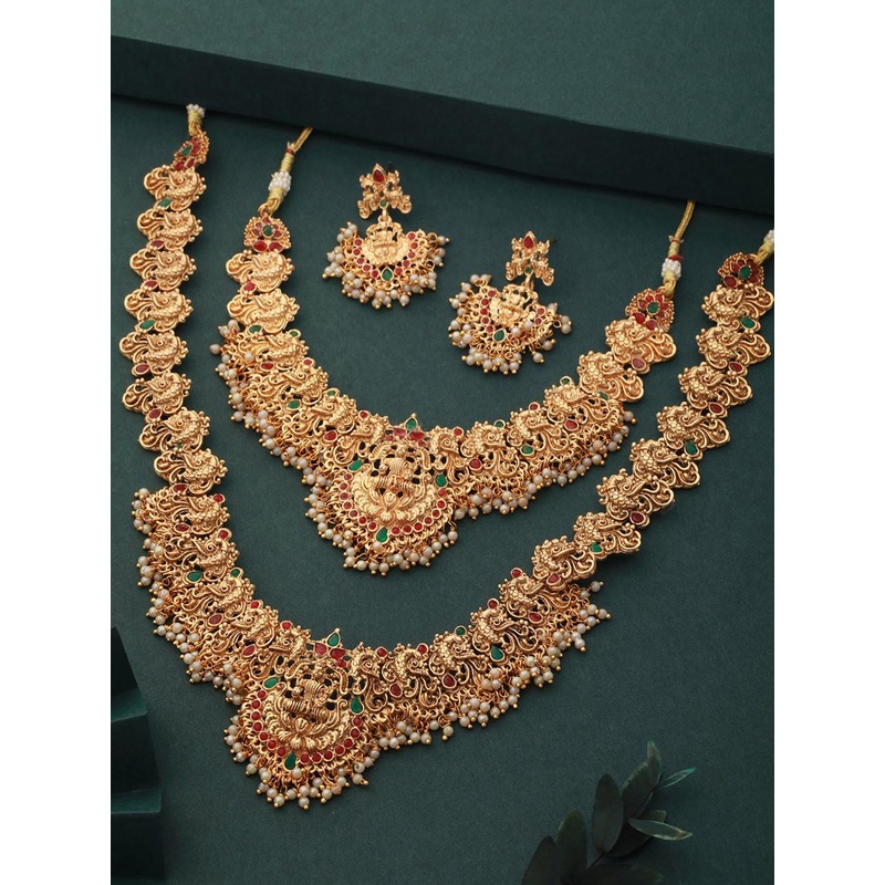 Saraf RS Jewellery Gold Plated Red & Green Stone Studded Temple Jewelleey Set