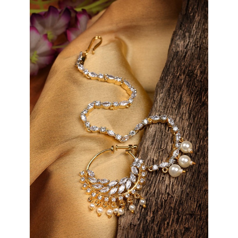 Saraf RS Jewellery Gold-Plated White AD-Studded Pearl Beaded Handcrafted Light Weight Vilandi Nose Ring