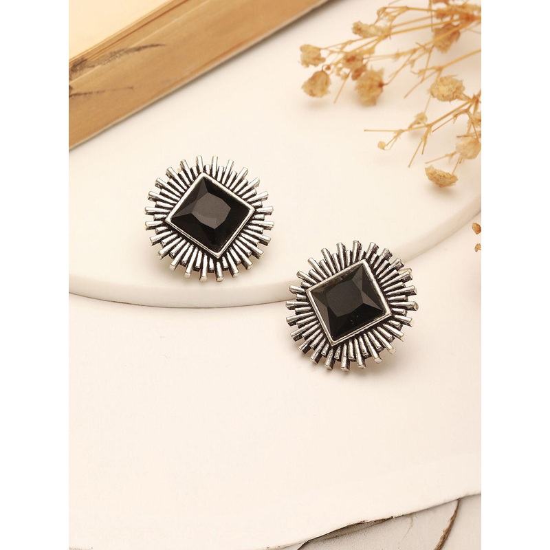 Saraf RS Jewellery Rhodium Plated Artificial Stones Studded Oxidised Geometric Studs
