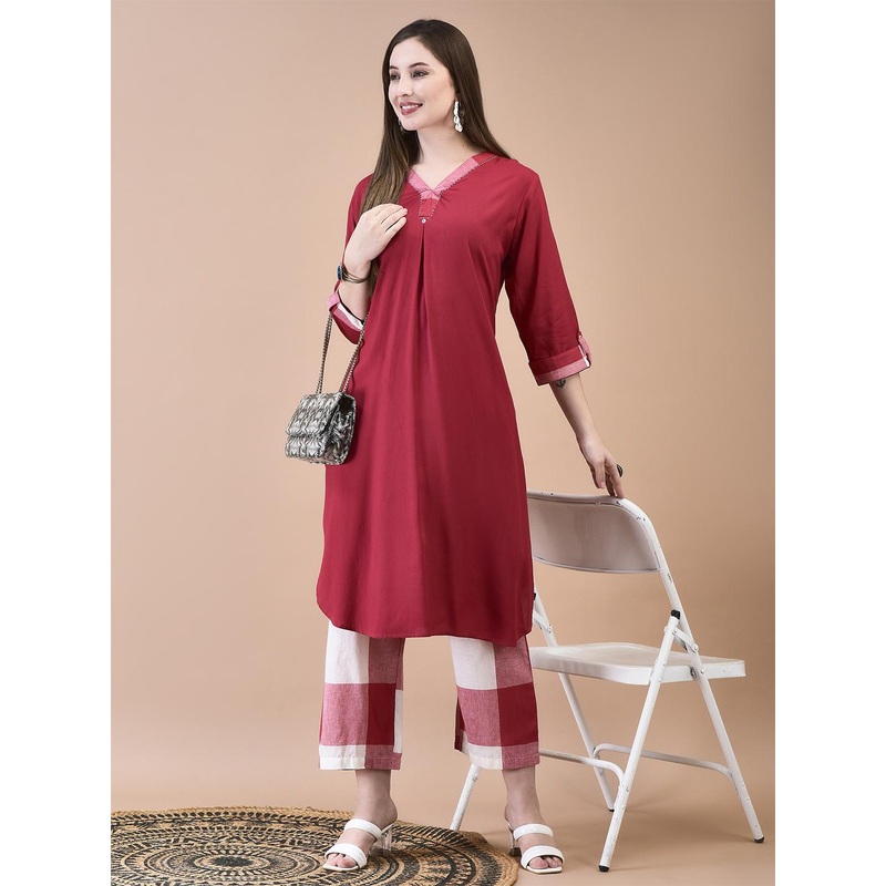 Shree V-Neck Thread Work Pleated A-Line Kurta with Trousers