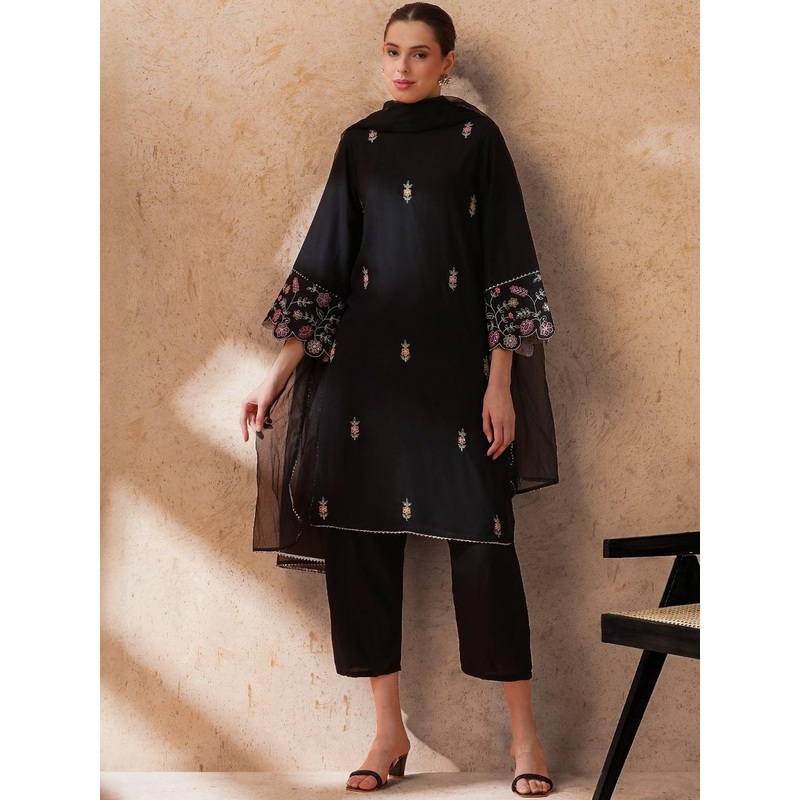 STYLEBAAZI Floral Embroidered Straight Thread Work Kurta With Palazzos & Dupatta