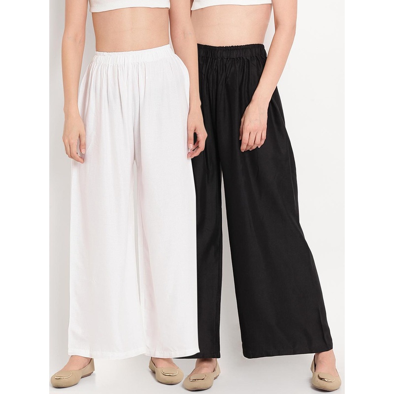 TAG 7 Women Pack Of 2 White & Black Solid Flared Palazzos