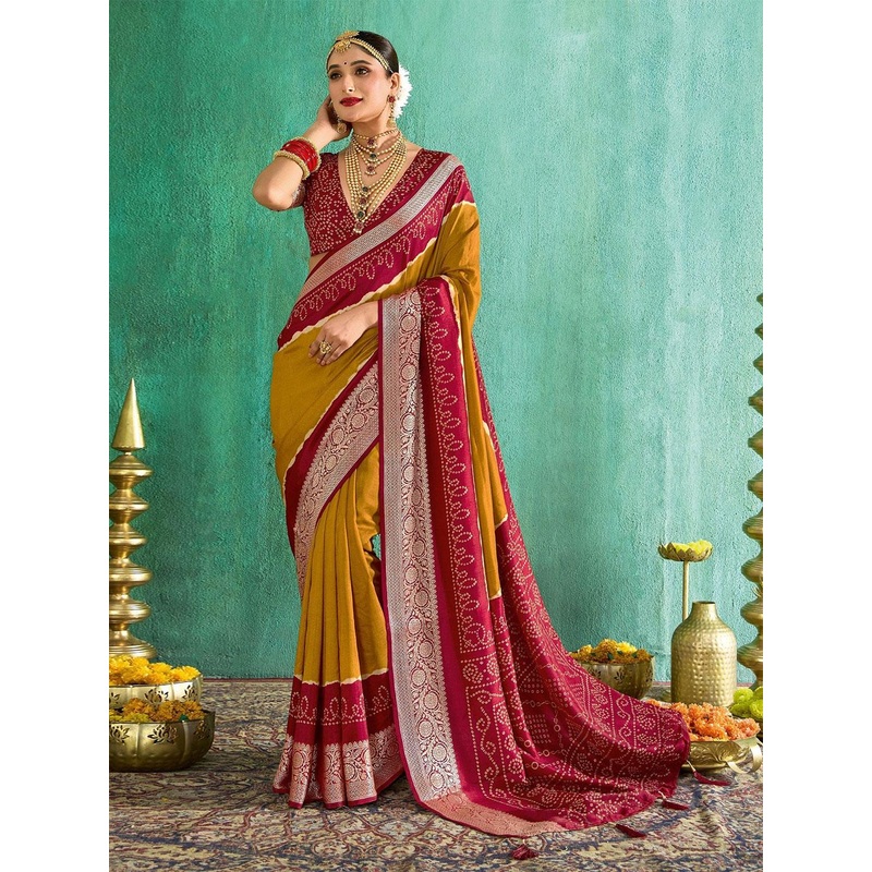 TIRA Bandhani Printed Tussar Saree With Blouse Piece