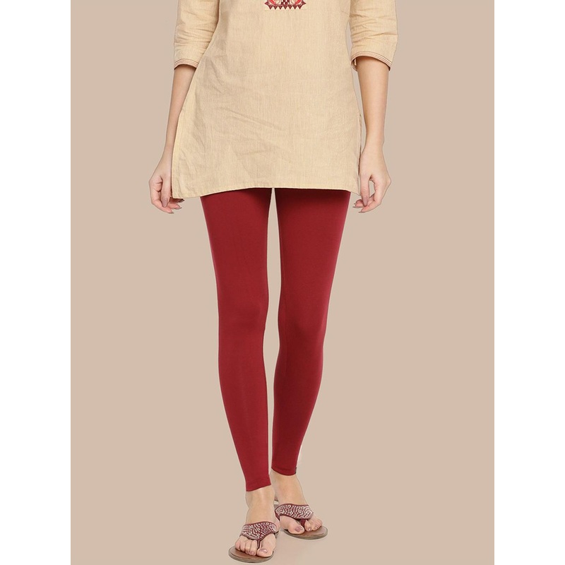 TWIN BIRDS Women Cotton Blend Solid La Burgandy Ankle Length Legging