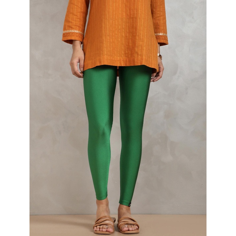 TWIN BIRDS Women Nylon Solid Green Shimmer Leggings