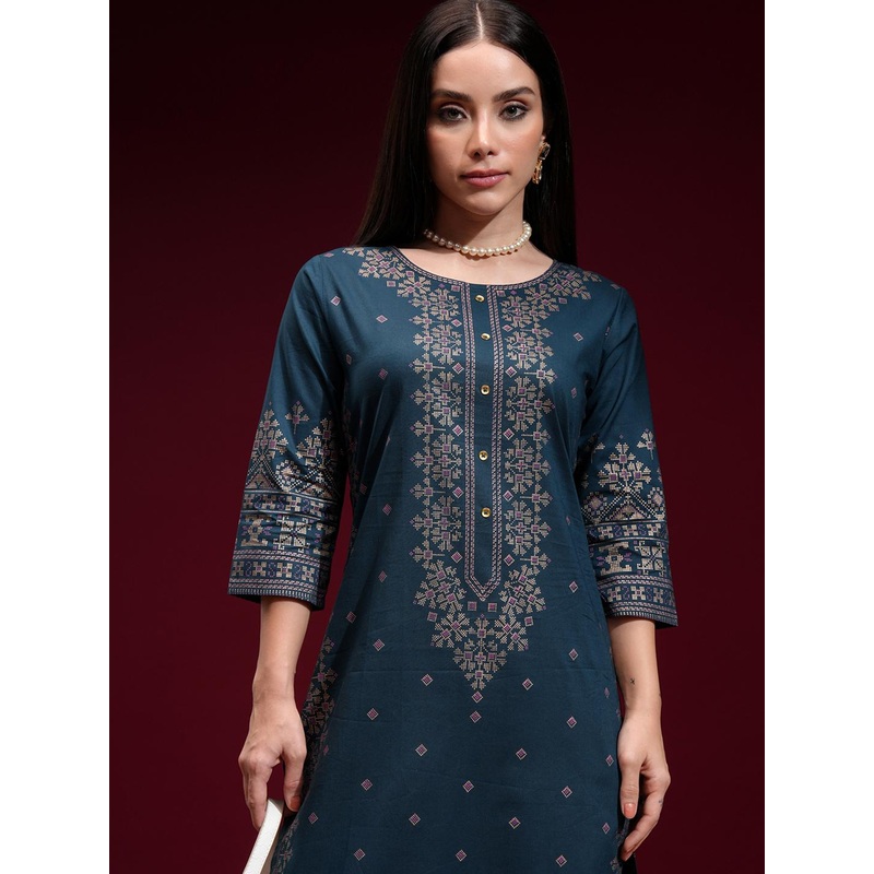 Vishudh Women Navy Blue Printed A-Line Kurta