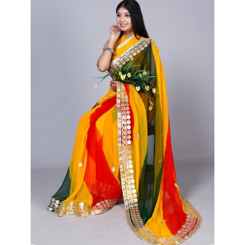 VL SAREES Colourblocked Gotta Patti Pure Chiffon Saree