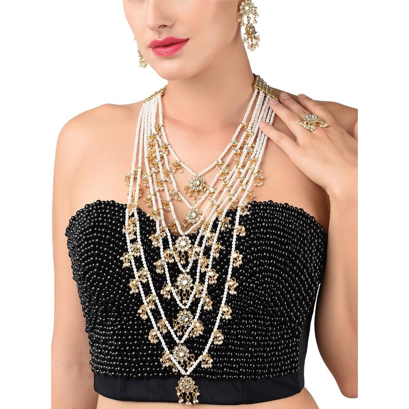 Zaveri Pearls Gold-Plated White Kundan-Studded & Pearl Beaded Jewellery Set
