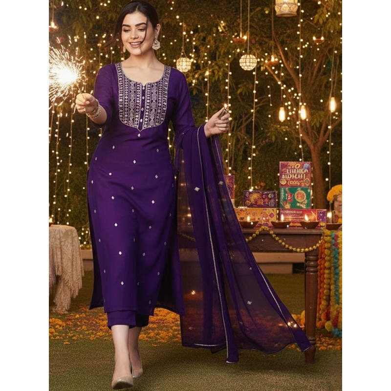 Aaghnya Women Ethnic Motifs Embroidered Regular Kurta & Trousers With Dupatta