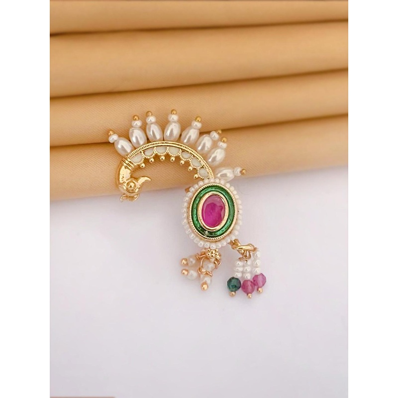 Adwitiya Collection Gold-Plated Stones and Beads Peacock Design Maharashtrian Nath